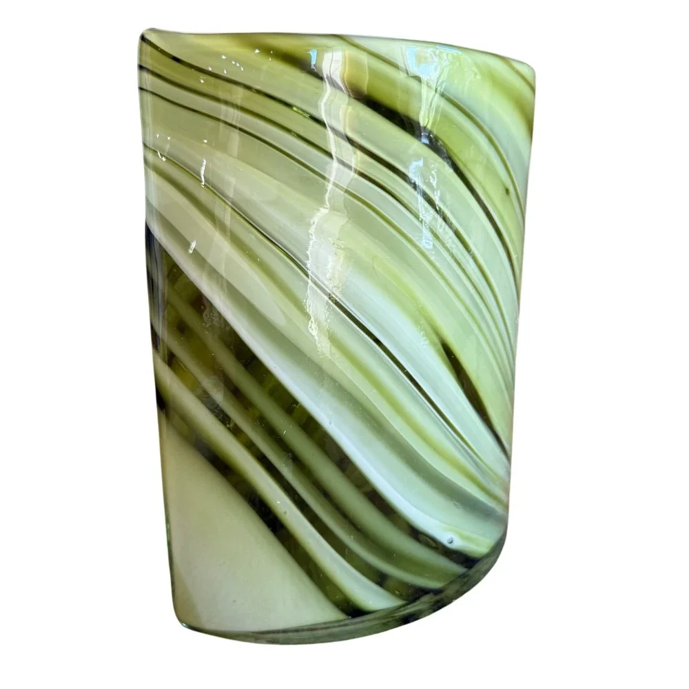 Vintage Art Glass Vase Oval Avocado Green Swirl MCM Mid‎ Century Modern Decor